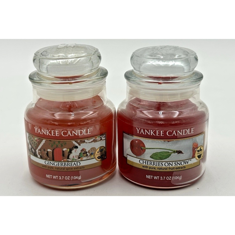 2 New Yankee Candles Small Jars Gingerbread & Cherries On Snow 3.7 Oz